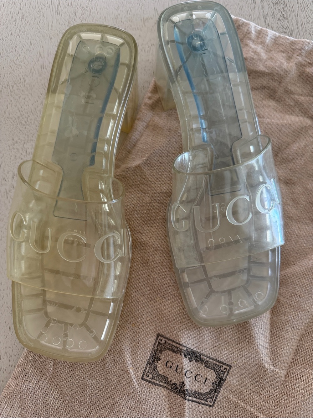 Gucci Logo Clear Chunky Mule
Sandals